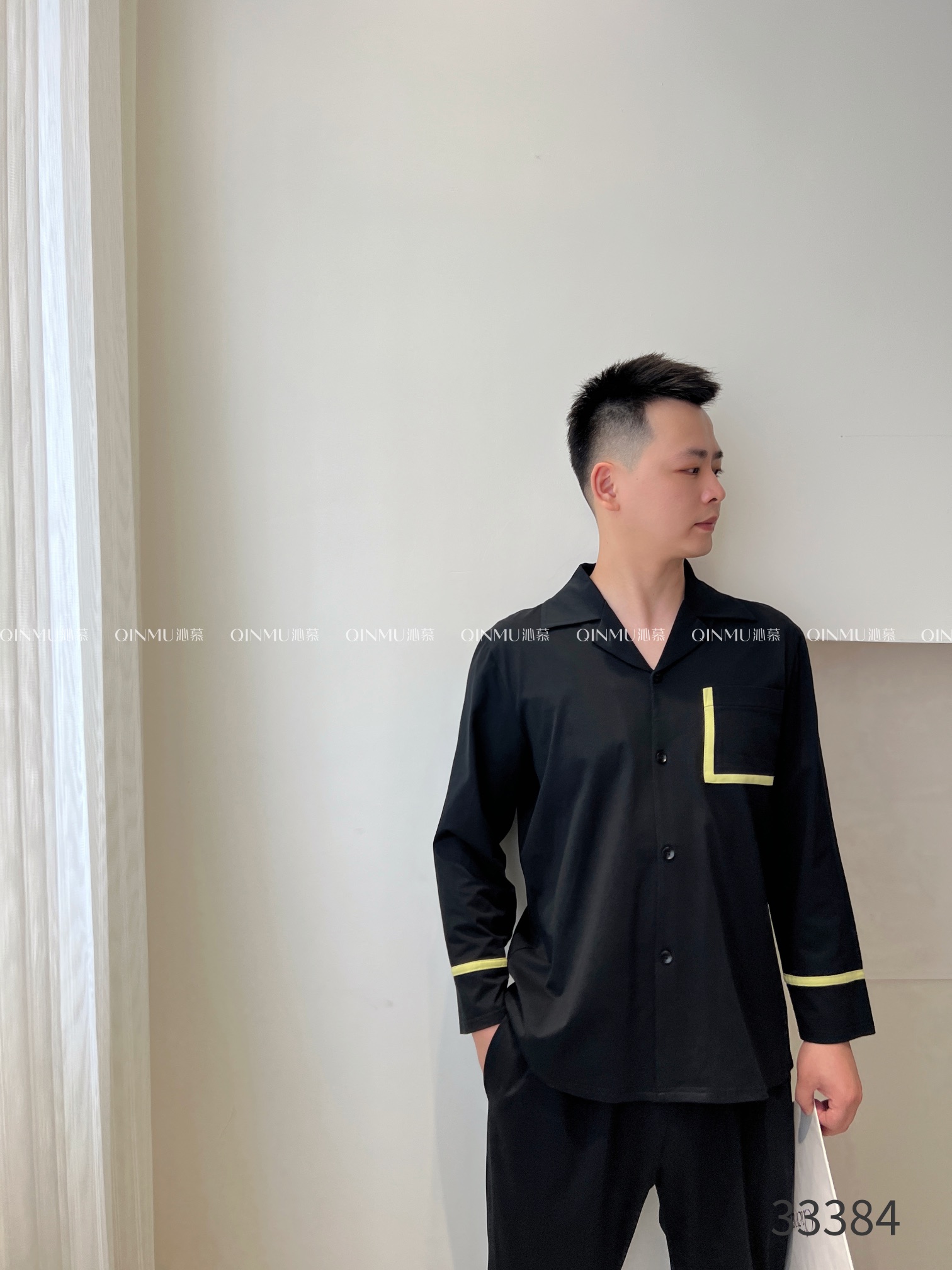 QM情侣春秋新品纯棉男士睡衣长袖休闲简约家居服套装可外穿