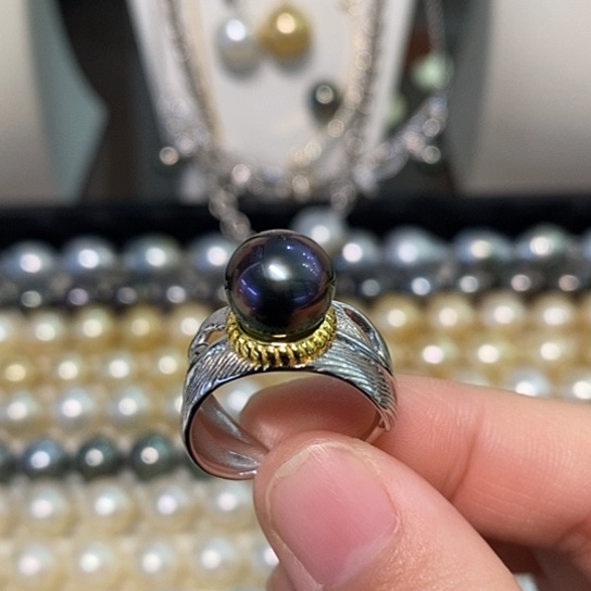 海水珍珠戒指银S925镶嵌9-10
