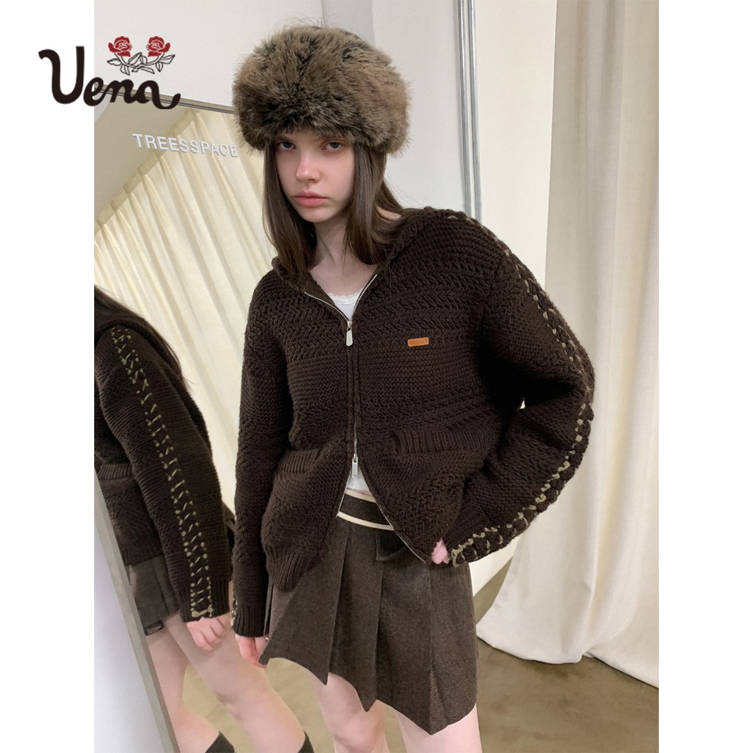 【摩卡香氛】Uena美式复古棕色双头拉链连帽宽松羊毛针织开衫女
