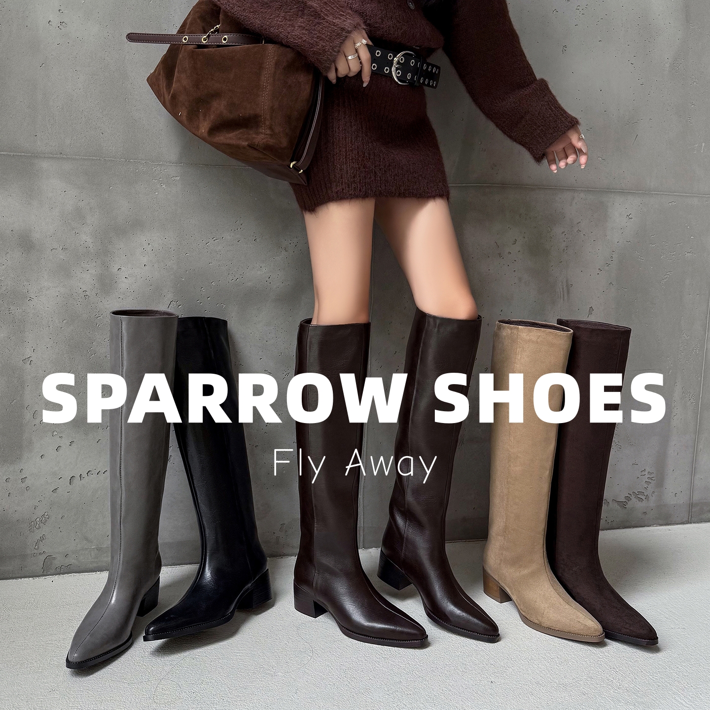 【山雀设计】牛皮秋冬新款尖头高筒靴百搭气质骑士靴粗跟显瘦时装靴