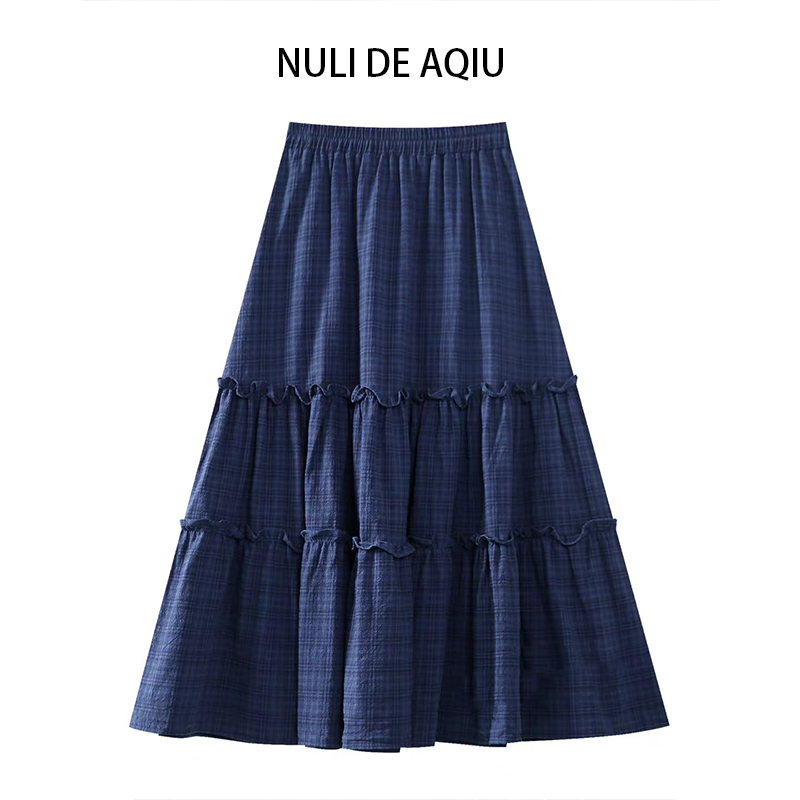 阿球【蛋糕半身裙】加厚格纹半身裙松紧腰大裙摆蓝色A字木耳边微女