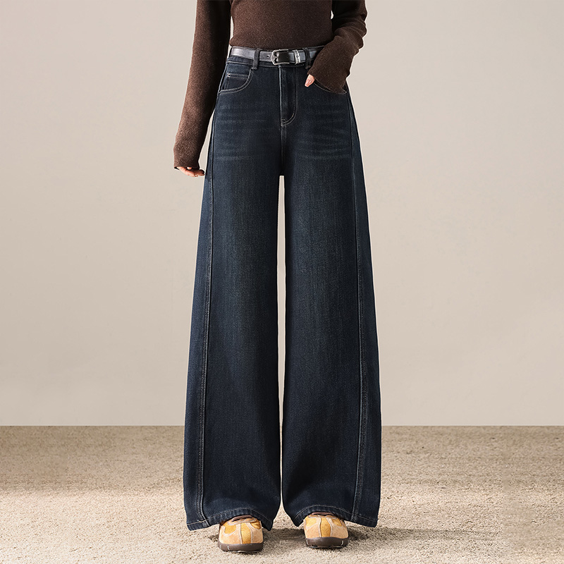 加绒加厚窄版牛仔阔腿裤女高腰显瘦2025秋冬季新款宽松复古直筒
