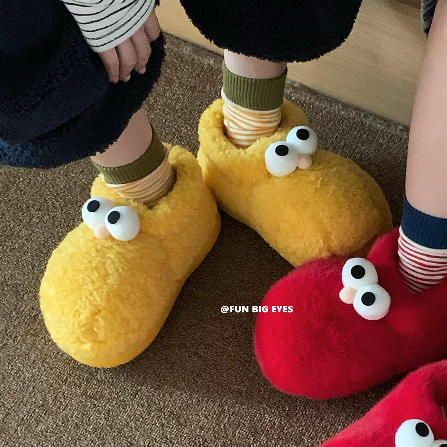 细细条 创意趣味大眼时尚棉鞋女冬季新款外穿加绒保暖舒适毛毛鞋