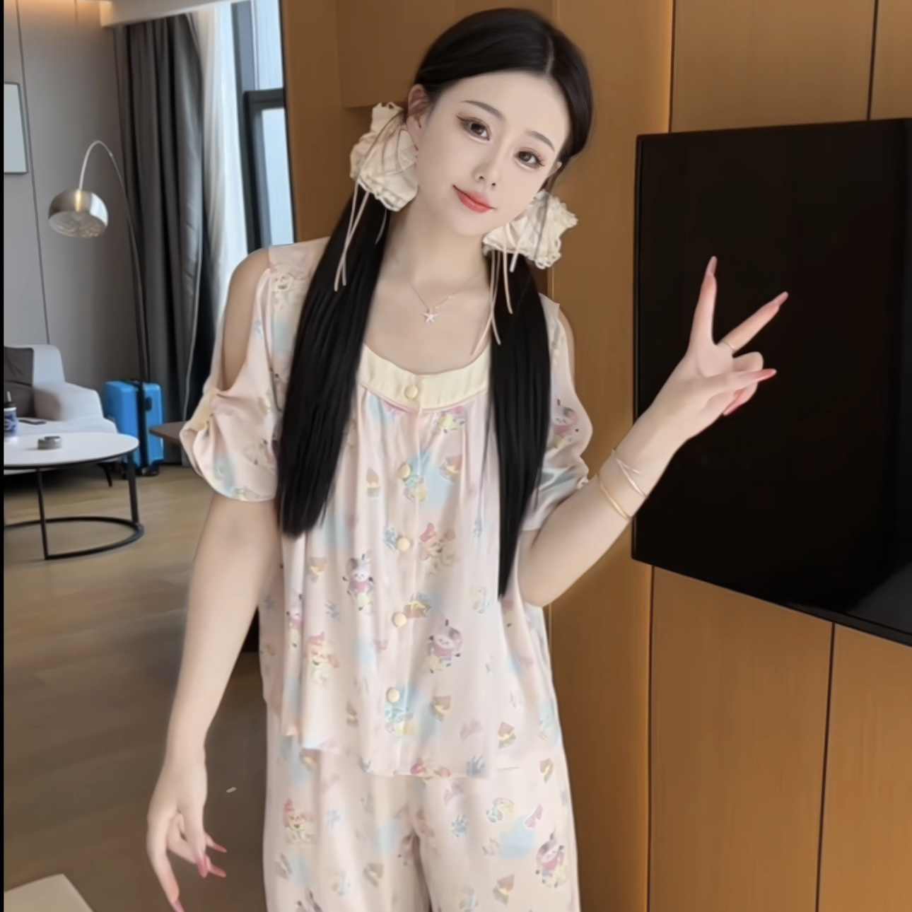 （娜娜兔）夏季短袖可爱韩系显瘦甜美透气短袖睡衣女家居服可外穿