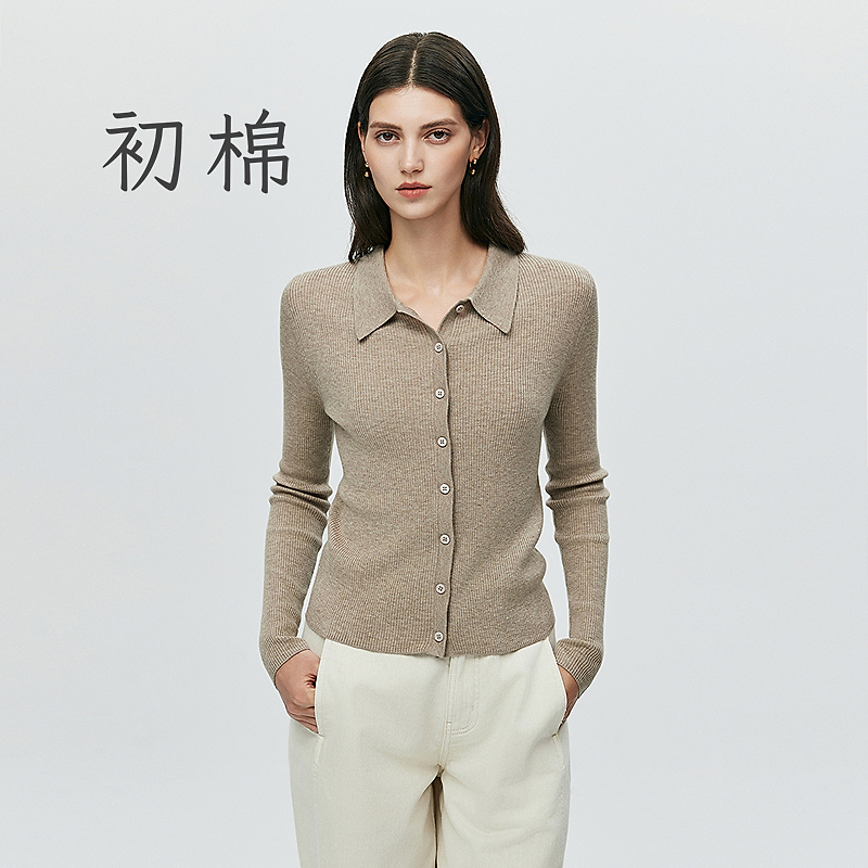 初棉含羊毛polo领针织开衫女新款 正肩修身长袖针织上衣366605038