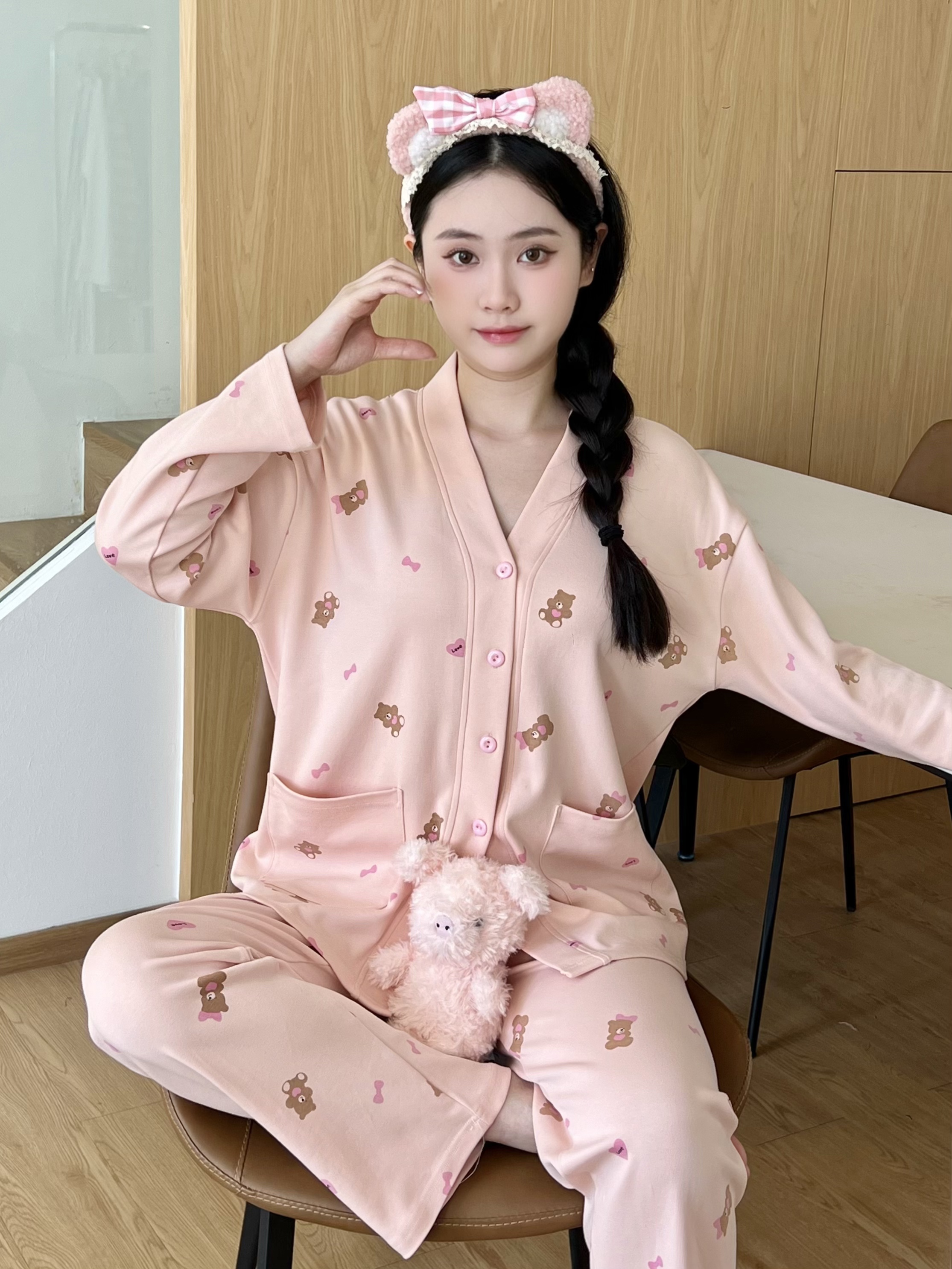 【带胸垫】长袖长裤纯棉睡衣女套装春秋冬季开衫可外穿家居服套装
