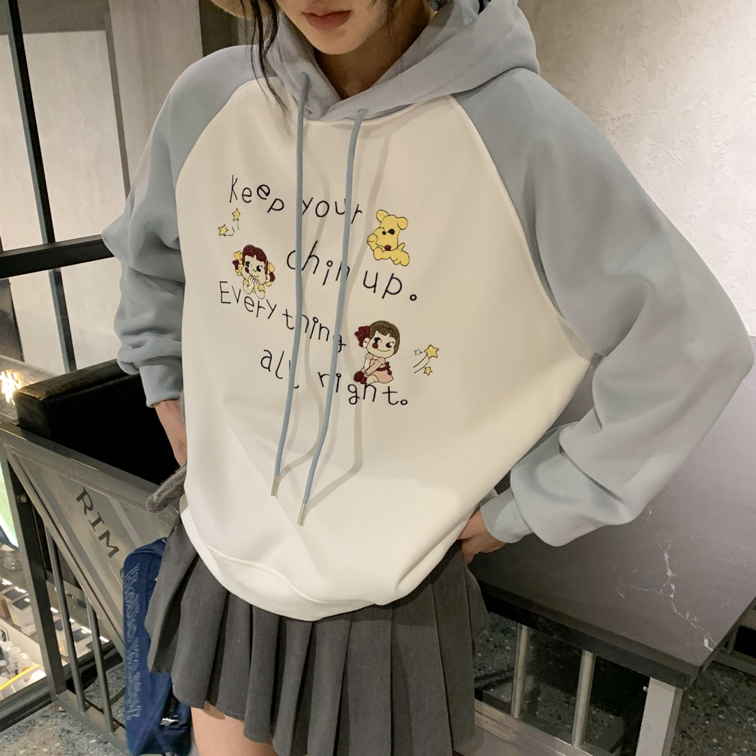 卫衣女秋冬加厚连帽刺绣拼接撞色插肩袖韩版新款休闲显瘦百搭外套