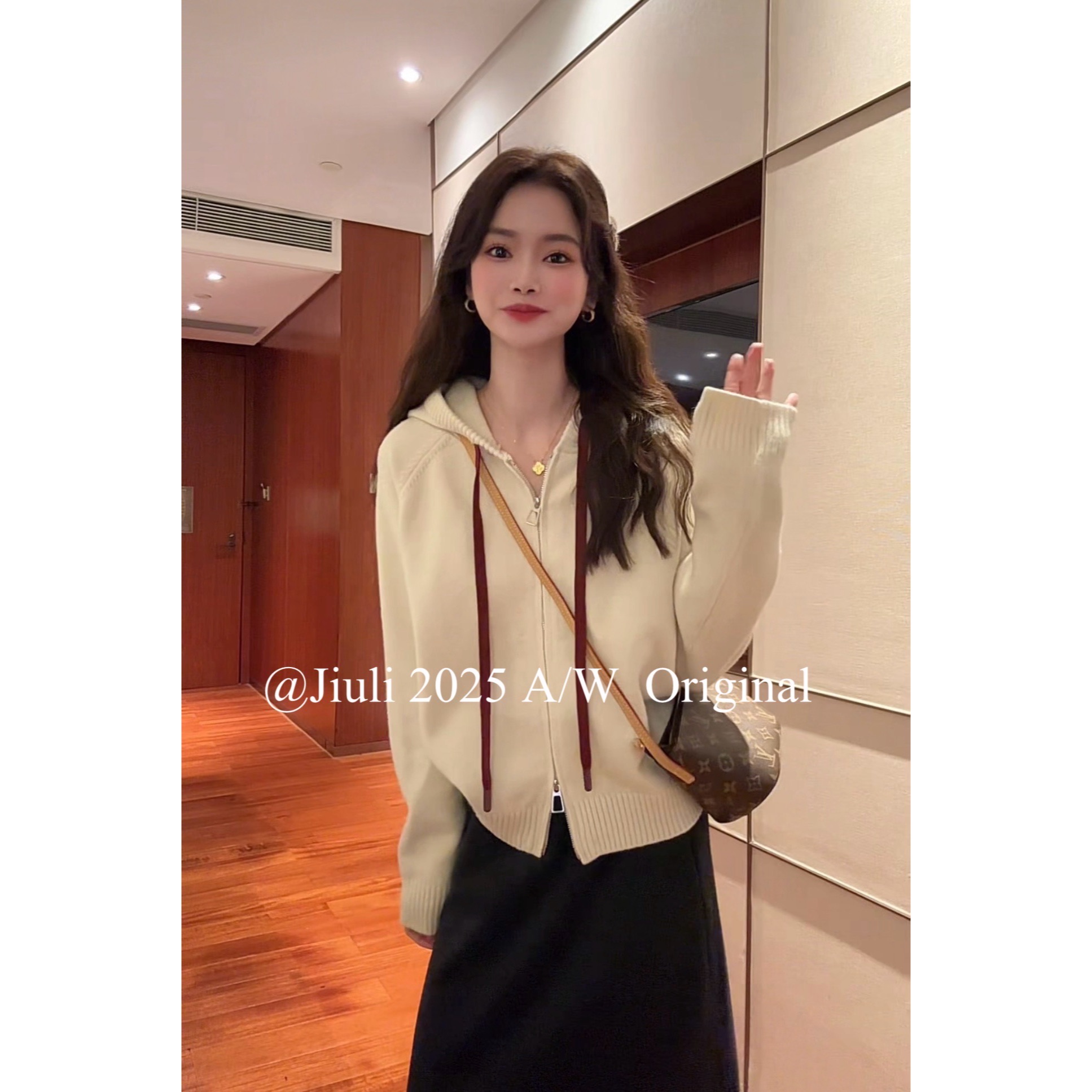 九莉【米糕毛衣】韩系撞色抽绳双拉链帽衫百搭外套毛衣外套