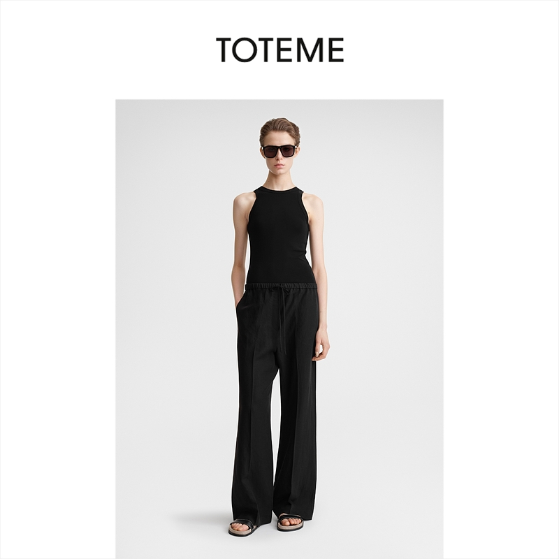 TOTEME女装黑色莱赛尔混纺高腰阔腿抽绳长裤