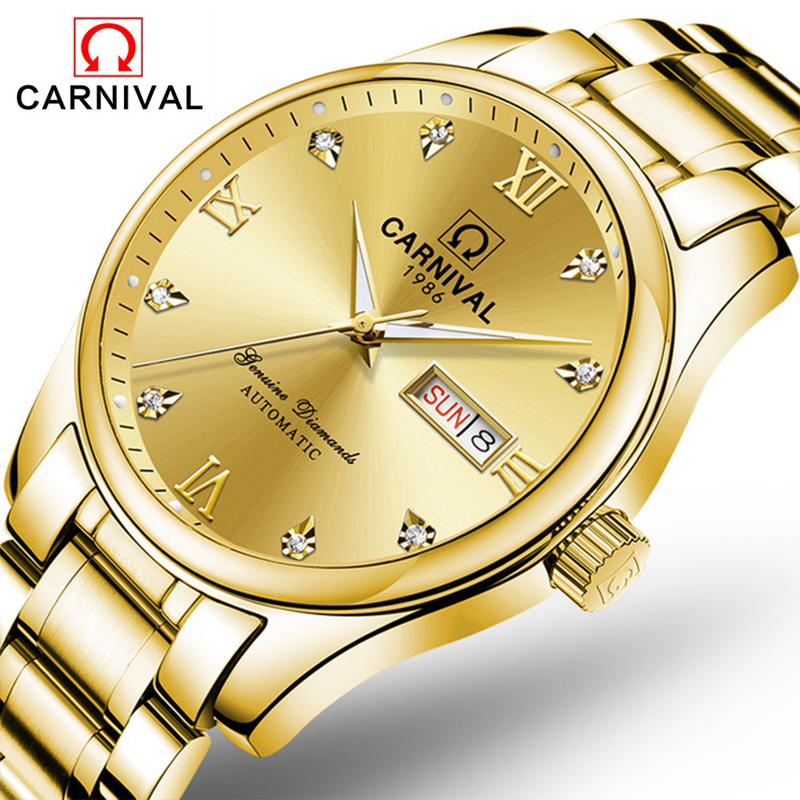 瑞士品牌(CARNIVAL)名匠系列男士全自动机械表高档商务双日历腕表