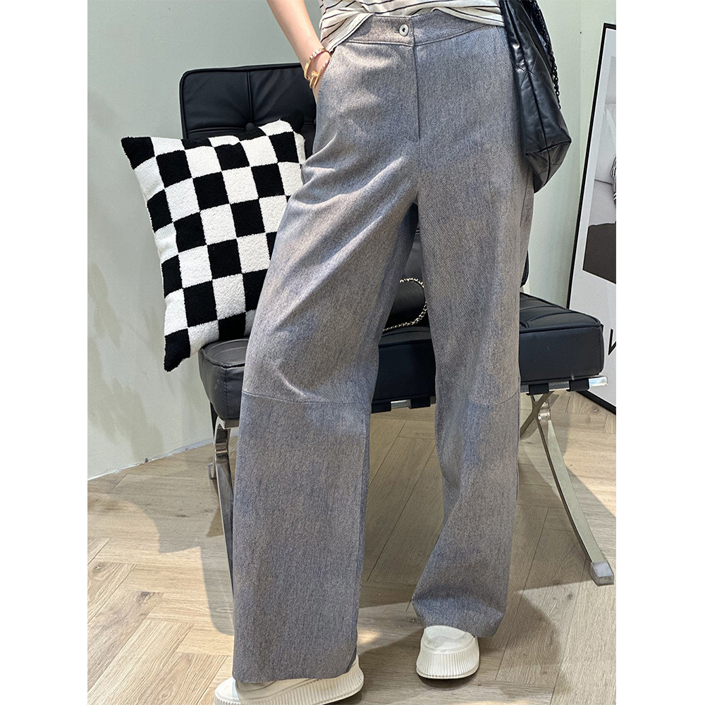 MSRM 进口绵羊皮真皮牛仔色重工艺压花腰高腰直筒阔腿长裤 006#