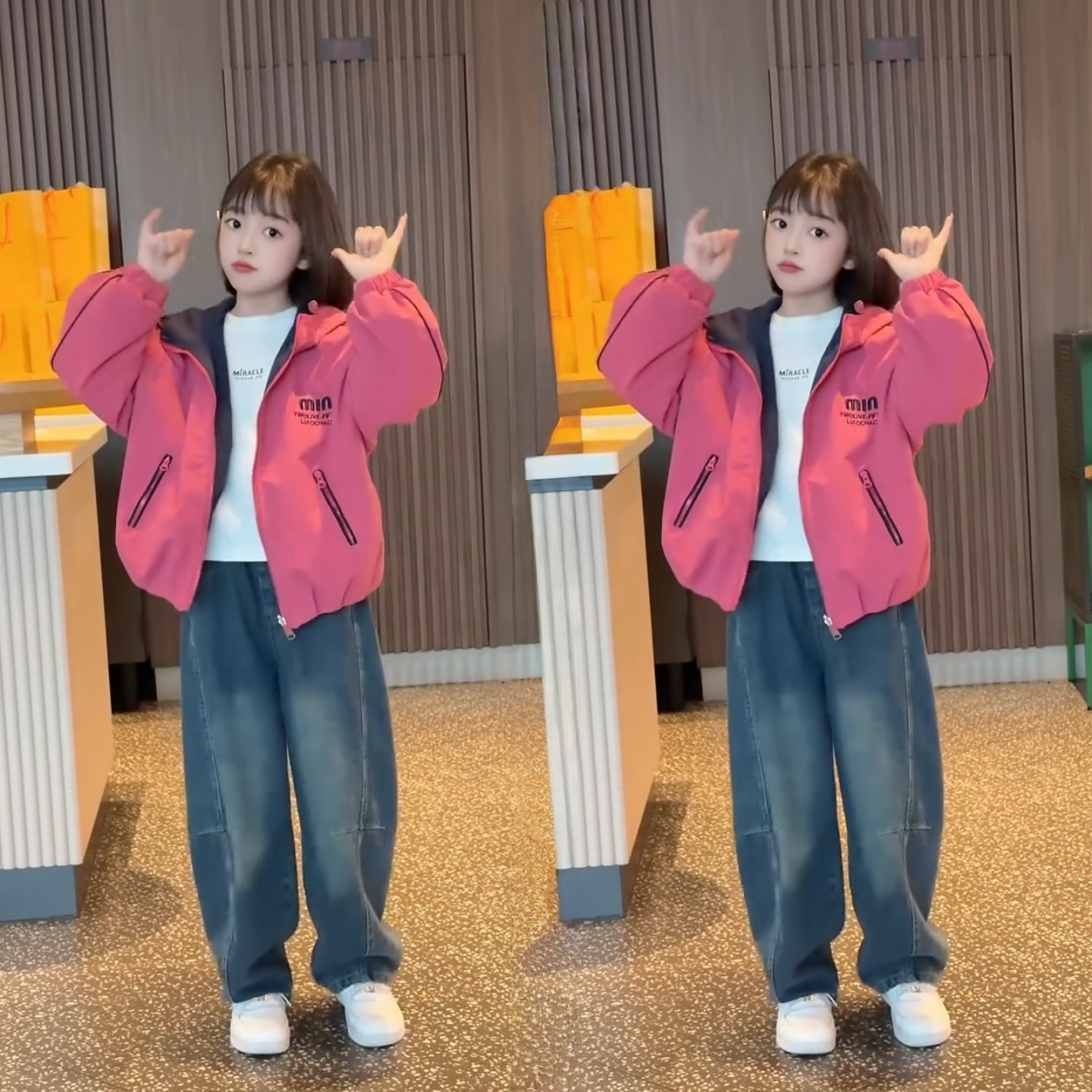 女童两面穿外套2025秋装新款洋气女孩儿童休闲冲锋衣牛仔裤两件套