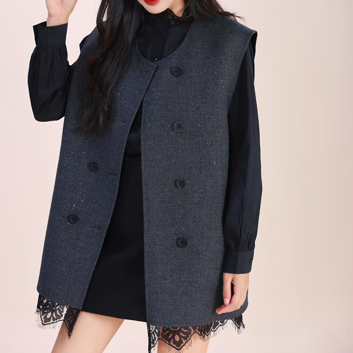 百搭短款厚款女中长款圆领春秋黑色蕾丝 羊毛马甲