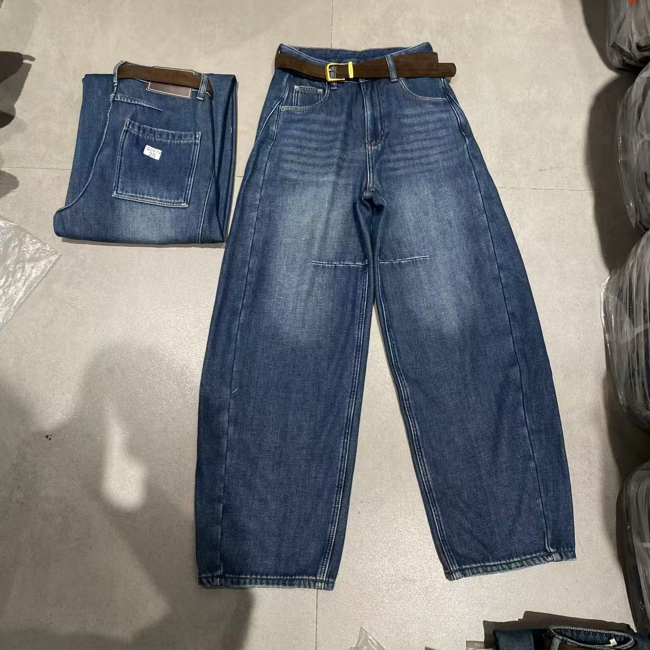 【蜜爷家】冬季加绒复古牛仔阔腿裤90311#