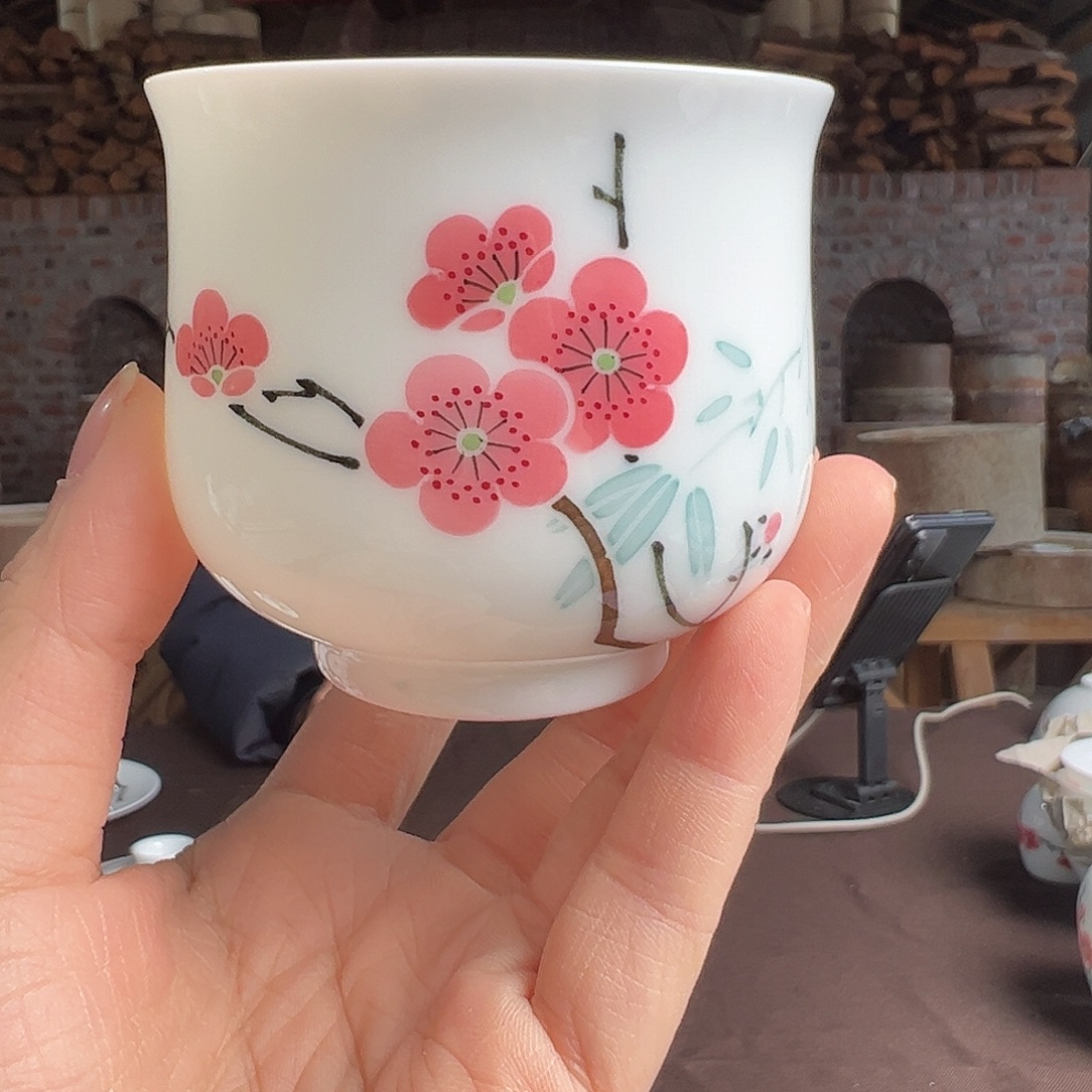 瓷柴窑翠竹红梅福筒杯