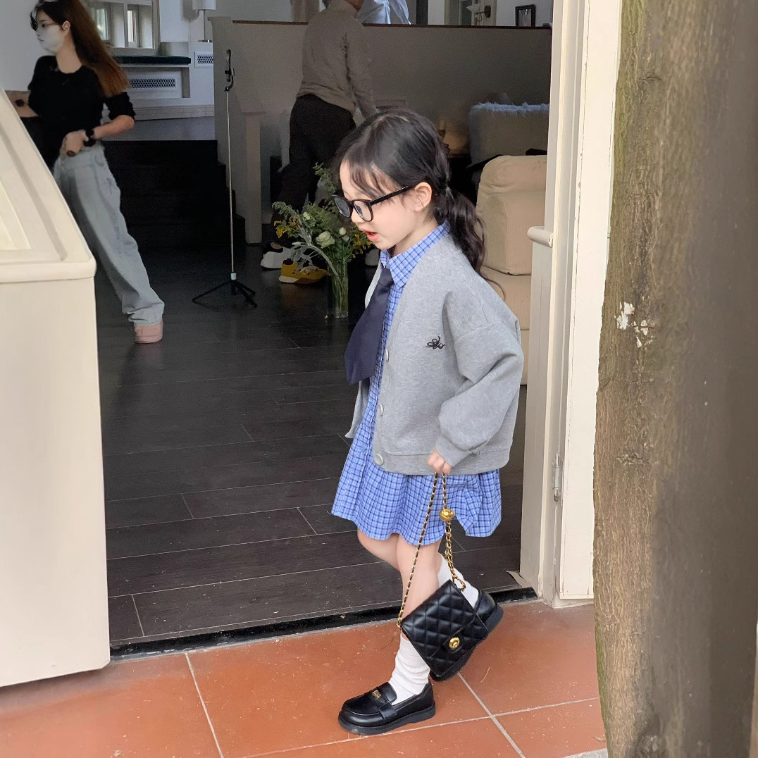 女童韩版格子衬衫连衣裙儿童学院风A字裙灰色开衫上衣套装洋气