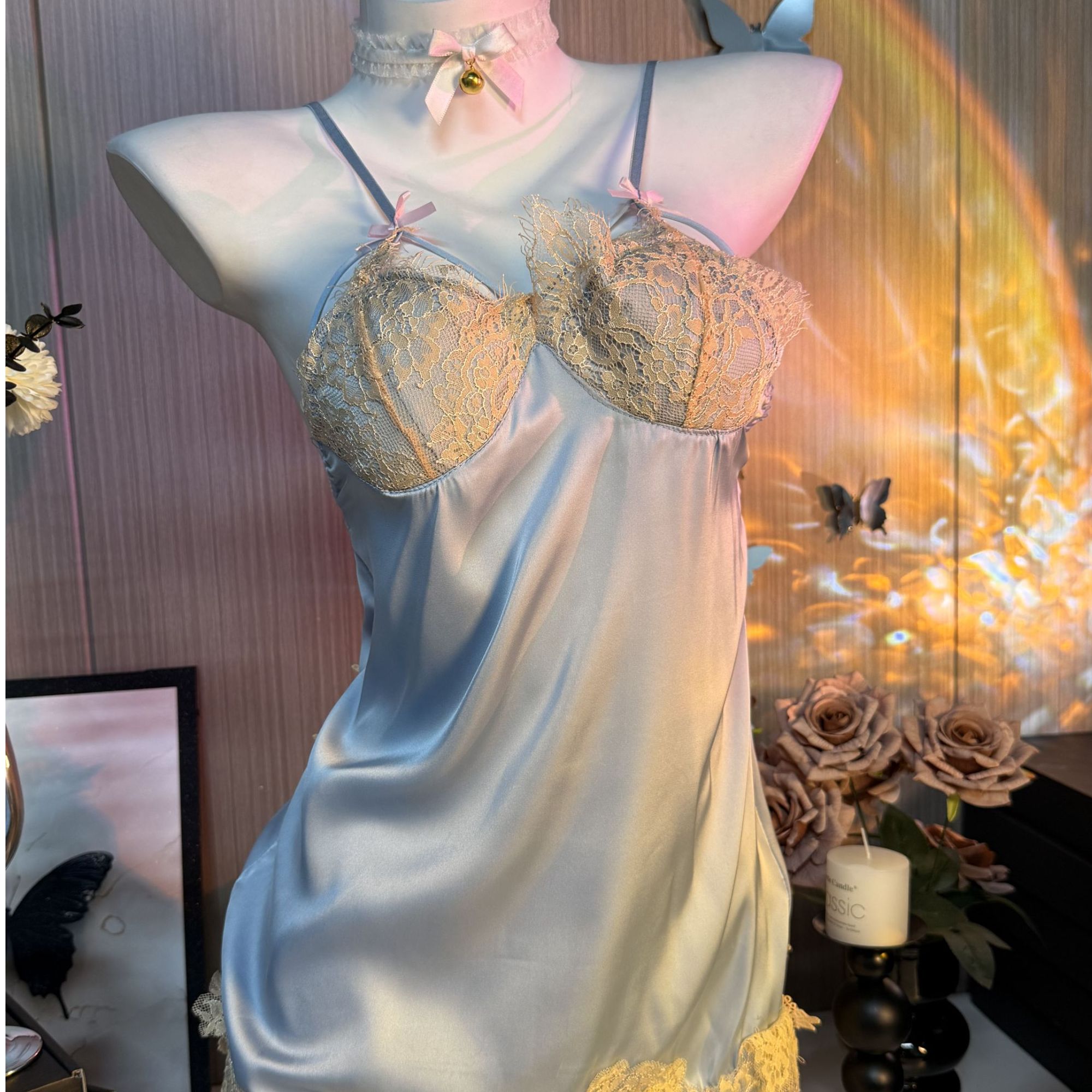 蓝色梦境（80-150斤）甜美蕾丝吊带睡裙性感睡衣女带胸垫冰丝显瘦