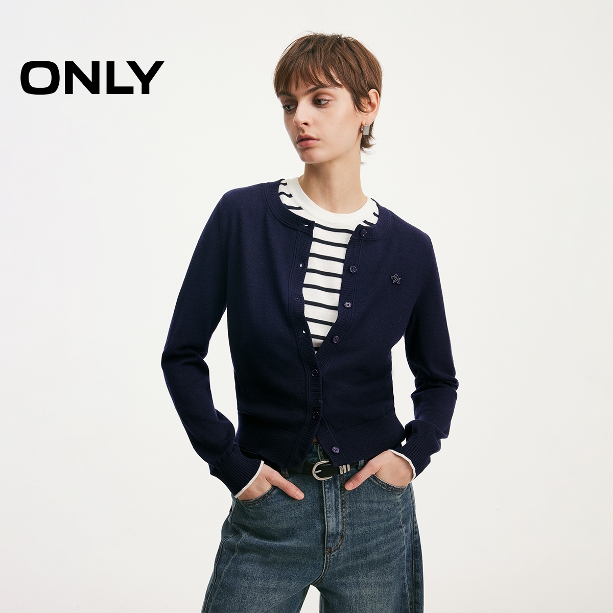 2026春季新款撞色袖口叠穿软糯圆领两件套针织衫女|12613B014