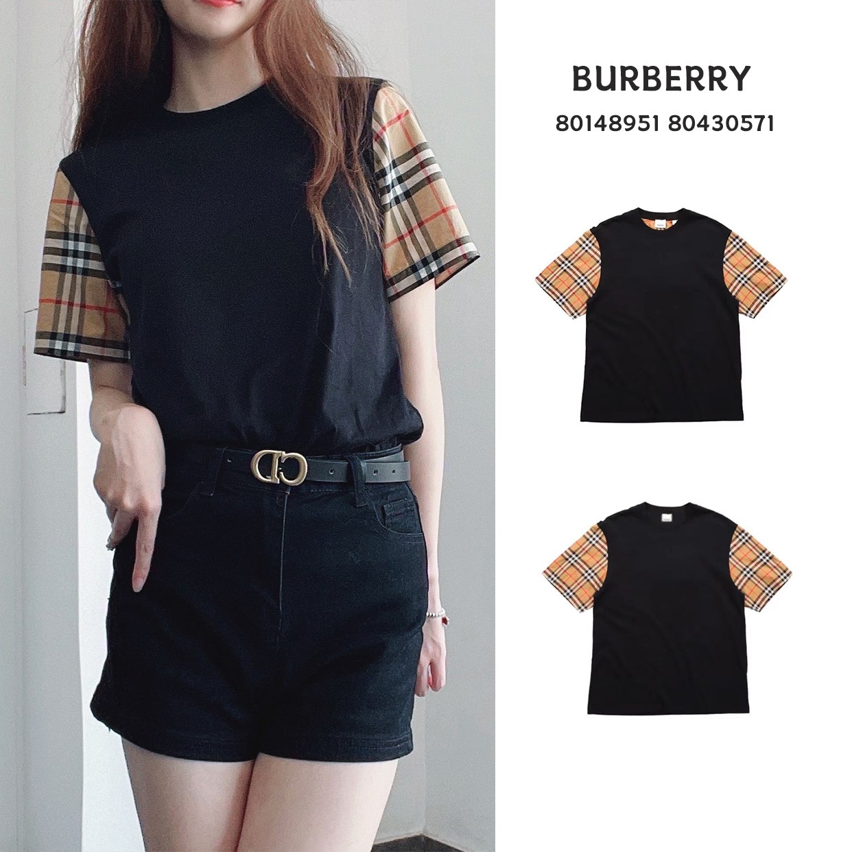 全新未使用 BURBERRY/博柏利 Vintage格纹棉质透气圆领短袖黑