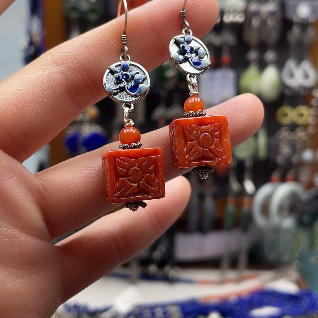 翡翠耳饰银S925镶嵌饰品