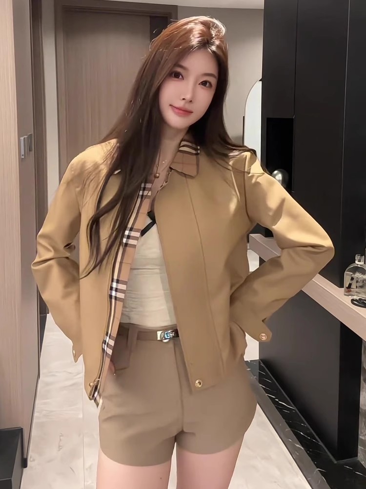 东京日落高品质版早秋短款风衣夹克定制卡其色格子小外套港风女装