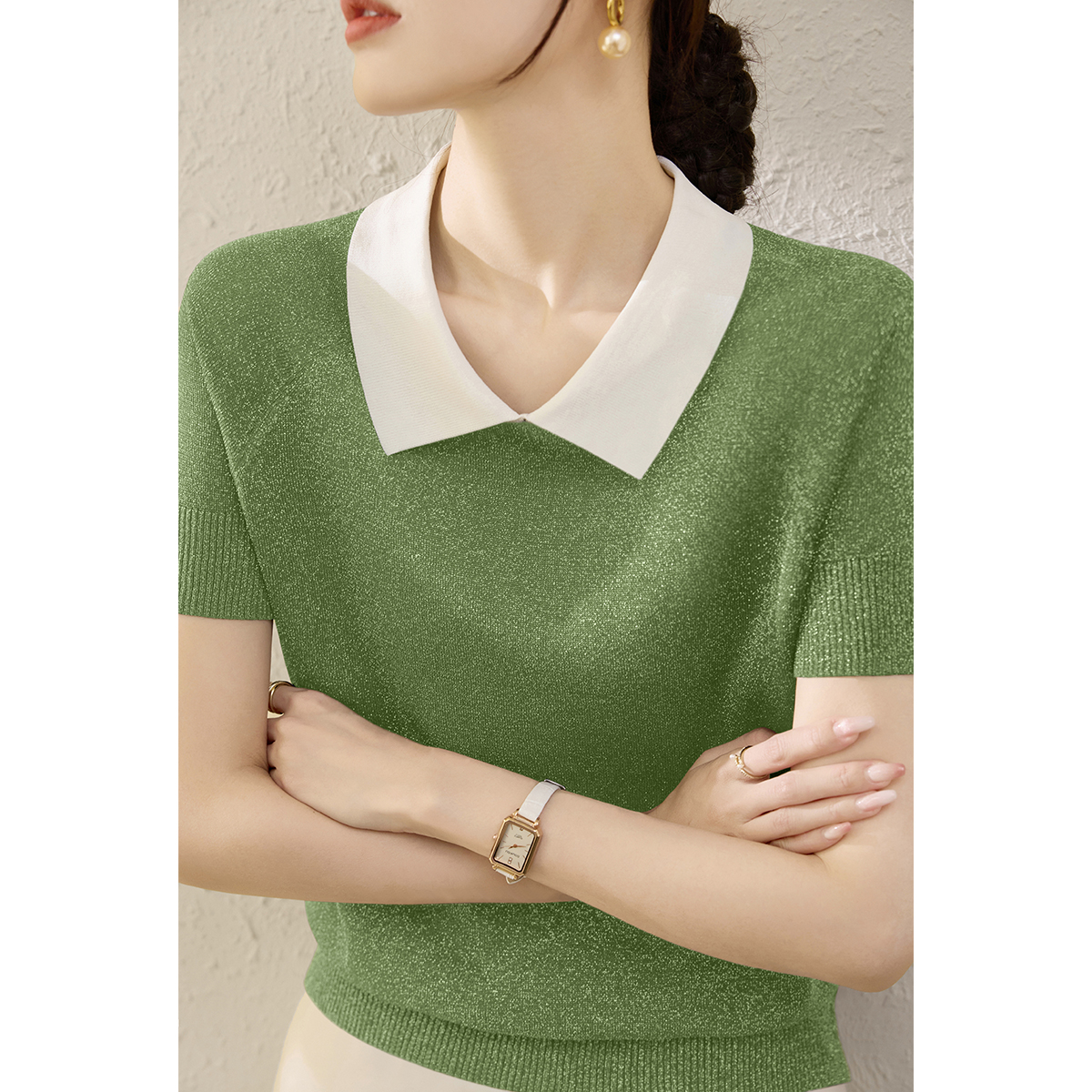 2025年春夏季套头POLO领针织衫女宽松显瘦拼色短袖T恤上衣女款