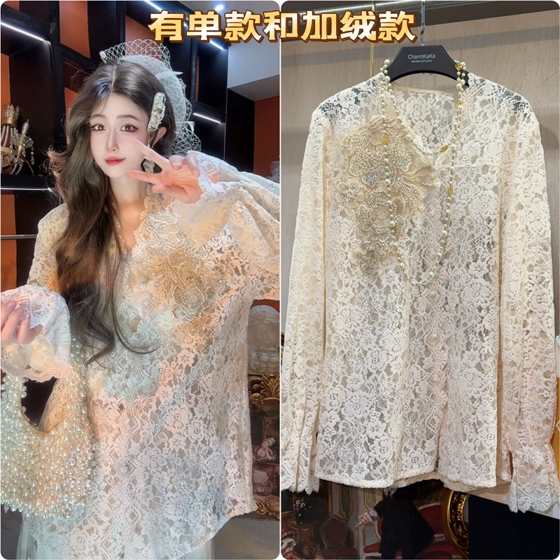 【竹影扫尘】64084新款蕾丝加绒钩花植绒打底衫大码胖MM