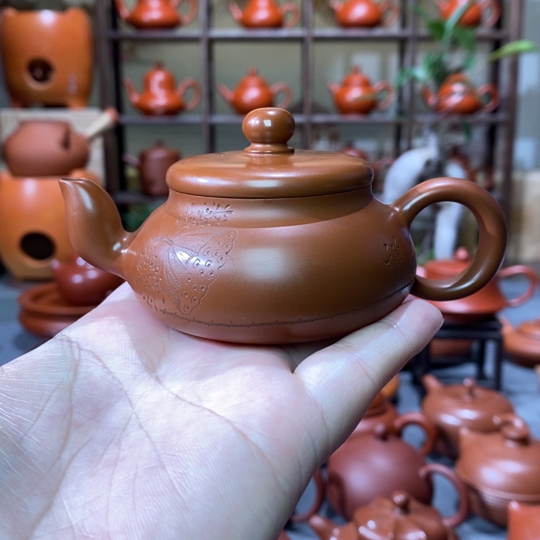紫砂茶壶吴翰石矿朱泥刻绘君德75cc