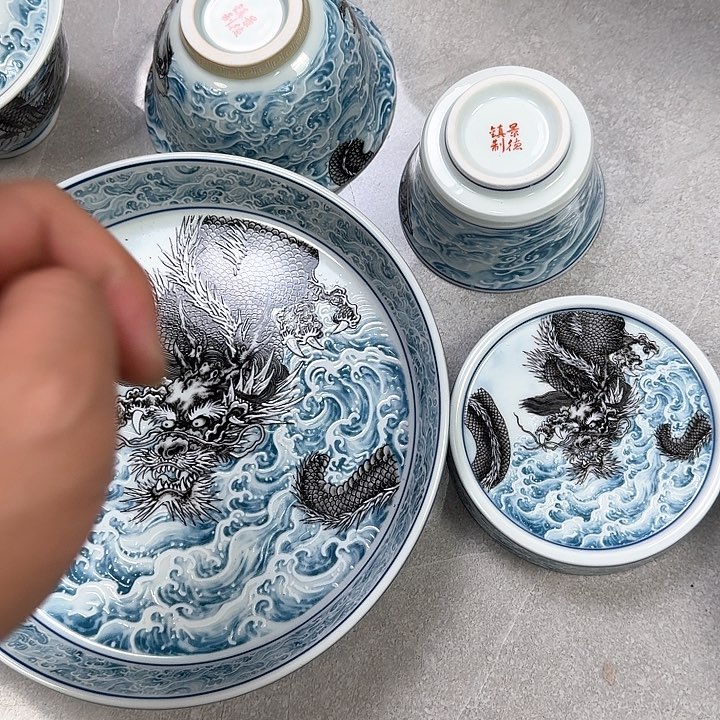 瓷片墨龙游海5件套景德镇