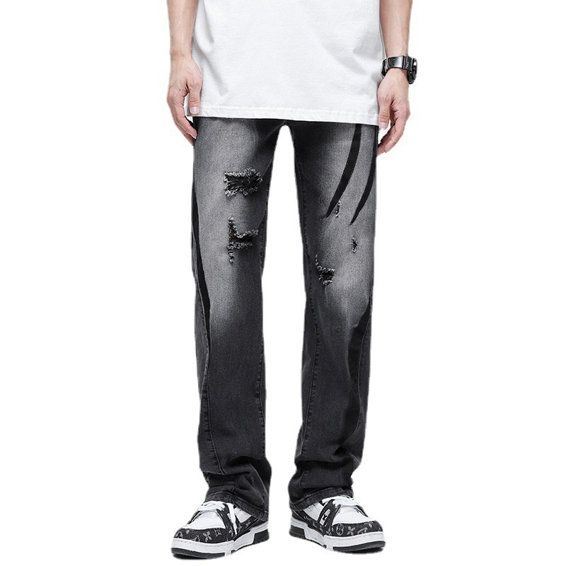 破洞牛仔裤修身直筒中腰复古男士做旧夏季潮流美式休闲裤子宽松