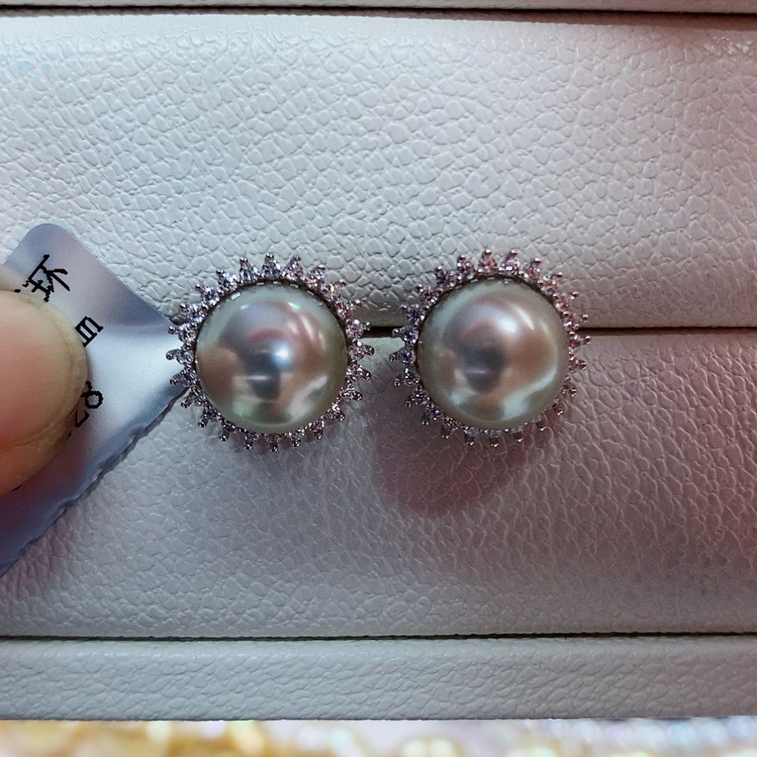 银S925镶嵌耳饰海水珍珠9-10