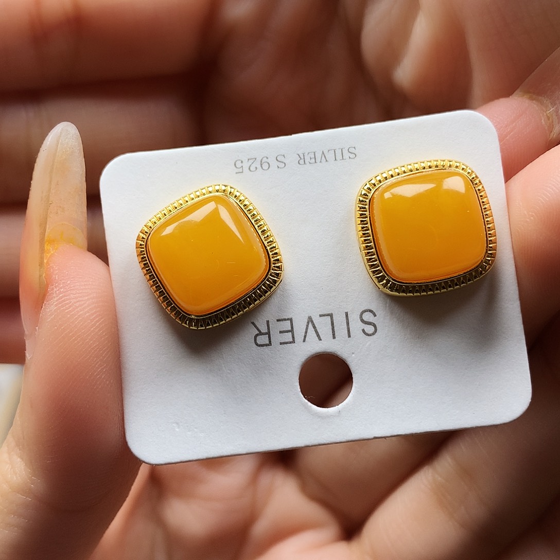 银S925镶嵌蜜蜡耳饰耳钉