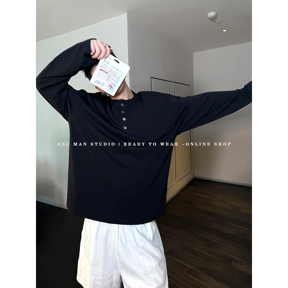 ESC MAN STUDIO/自制 慵懒风亨利领纯色柔软舒适感休闲长袖T恤tee