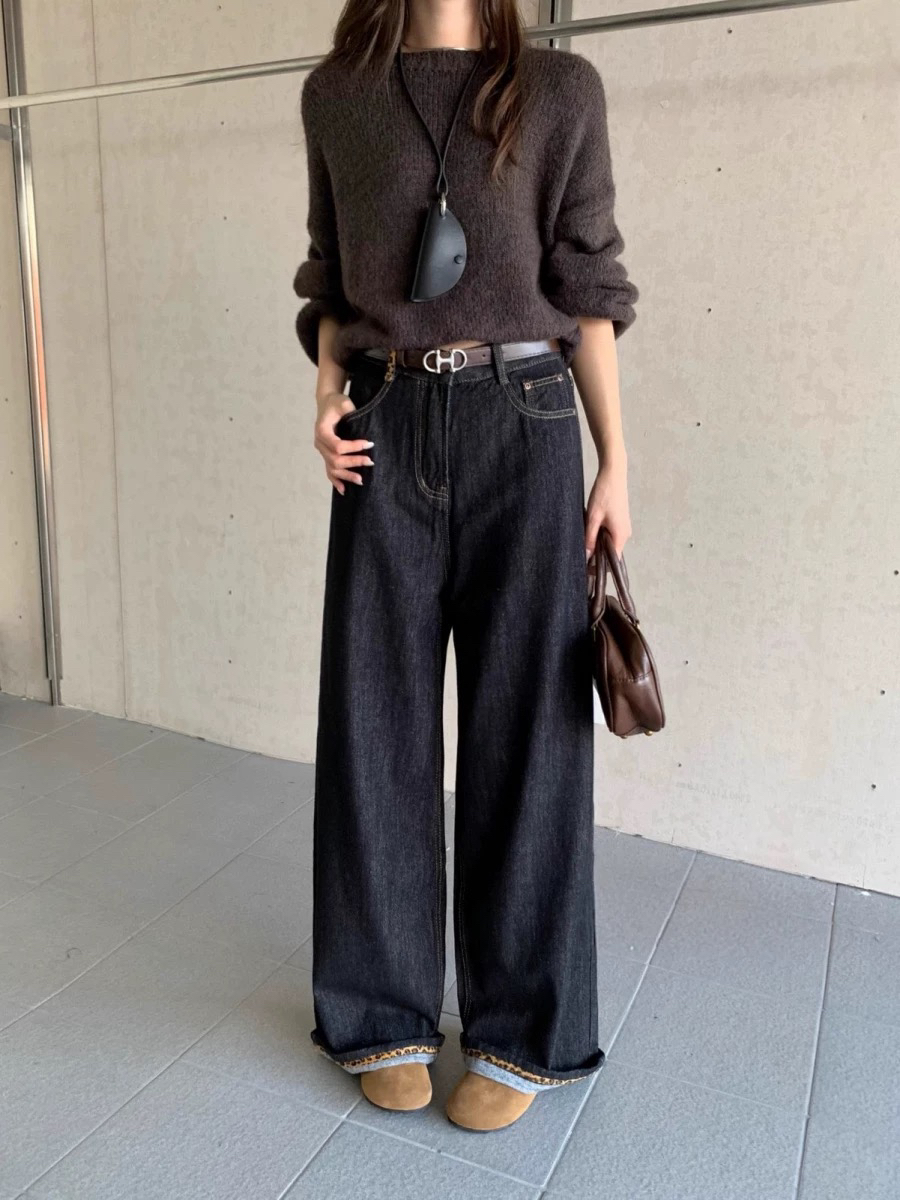 豹纹边加绒深色阔腿裤