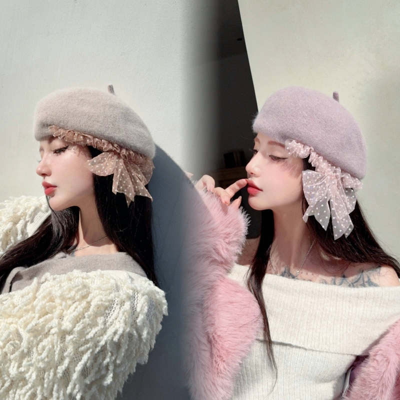 CREAMPP 原创日系甜美羊兔毛混纺波点木耳边绑带蝴蝶结侧褶贝雷帽