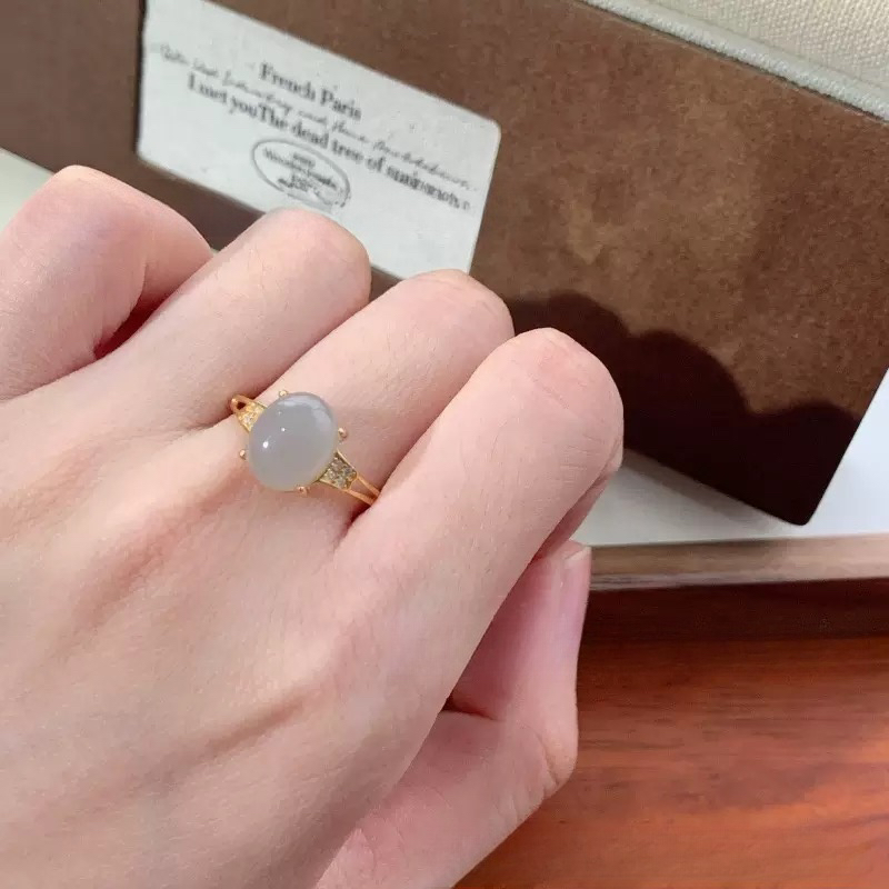 天然和田玉烟紫蛋面戒指s925银镶轻奢女士