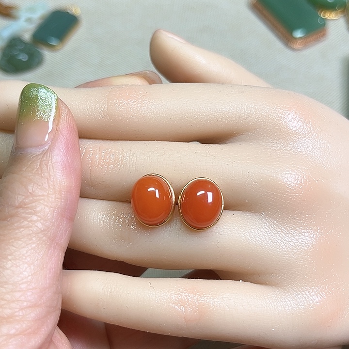 南红玛瑙耳饰银S925镀金镶嵌