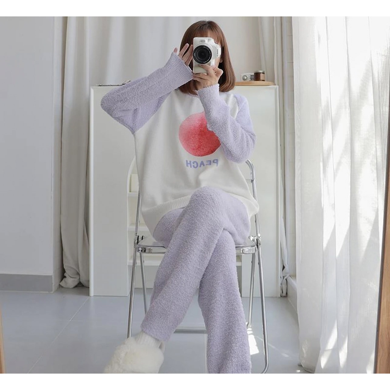 121-冬款女士软绵绵甜美英文水蜜桃套头长袖长裤套装