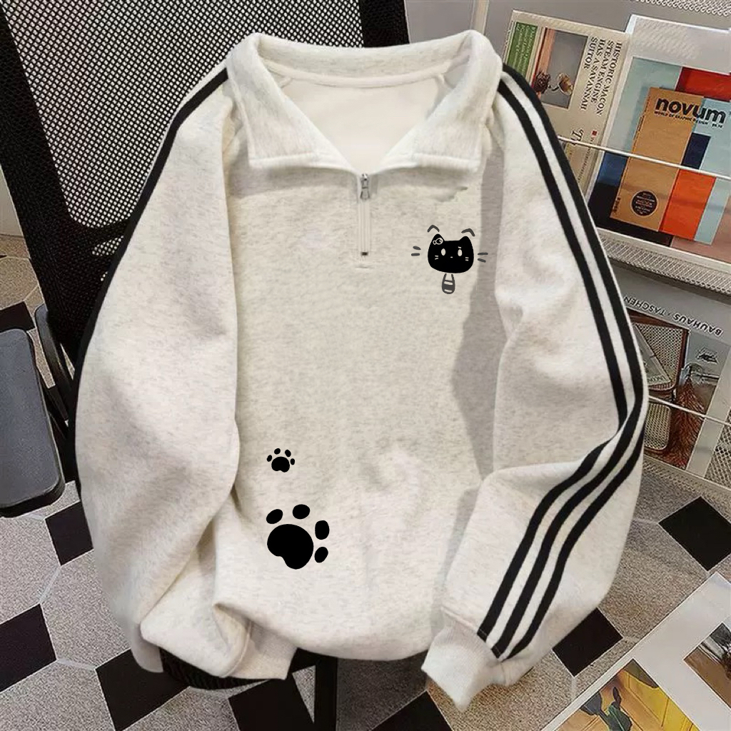 100%不起球polo领卫衣女慵懒风宽松百搭学生三条杠拉链长袖上衣男