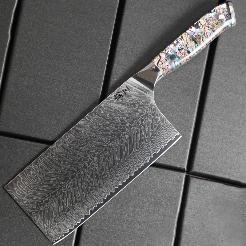 《影菜刀》大马士革钢刀鲍鱼壳羽毛纹家用切片菜刀10cr15mov
