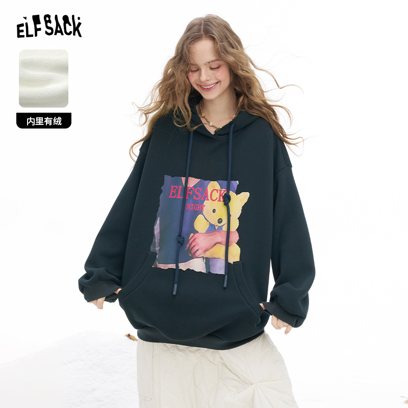 妖精的口袋印花连帽加绒卫衣女冬小个子慵懒风宽松上衣25403023