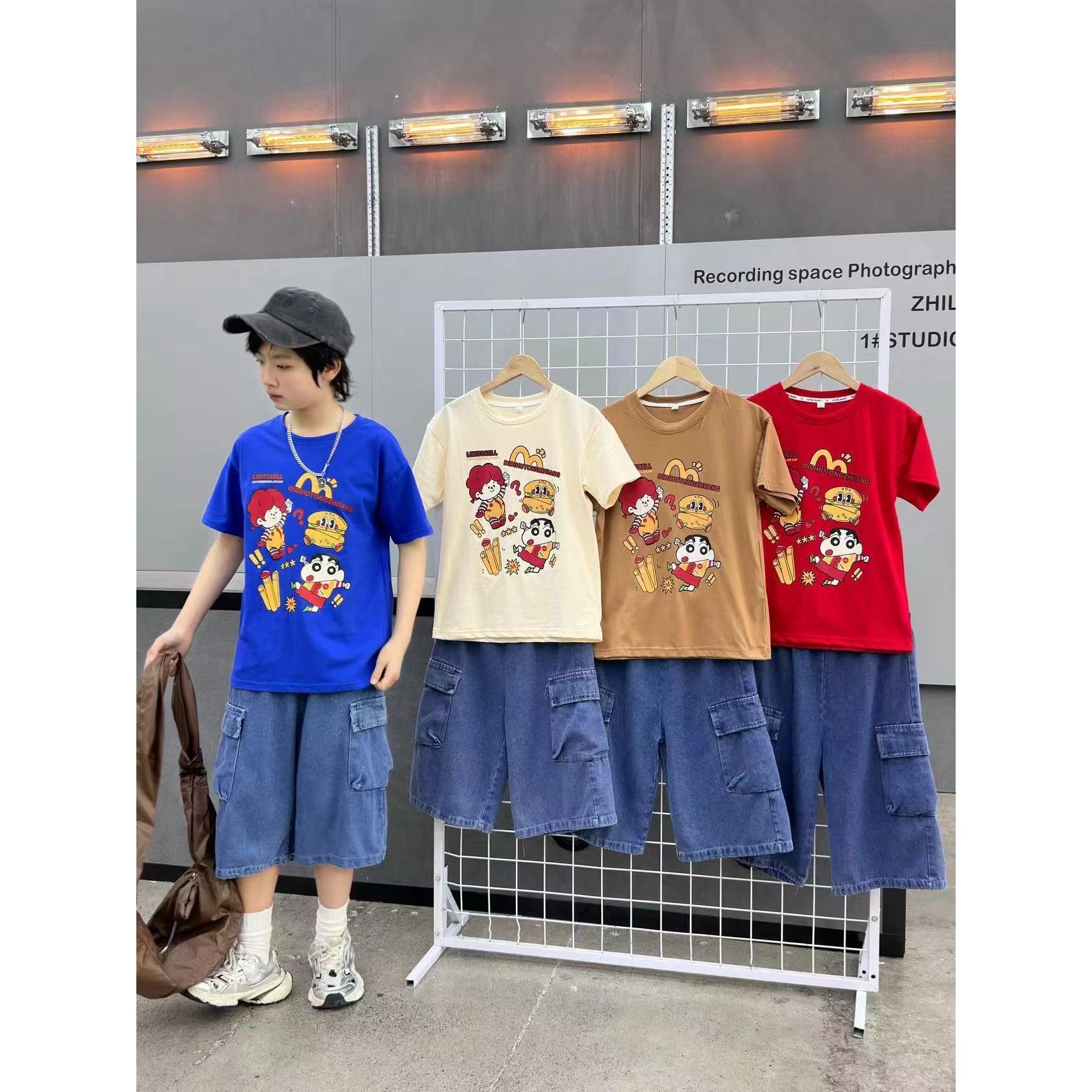 儿童2025夏季新款时尚潮流短袖工装牛仔裤套装B0408