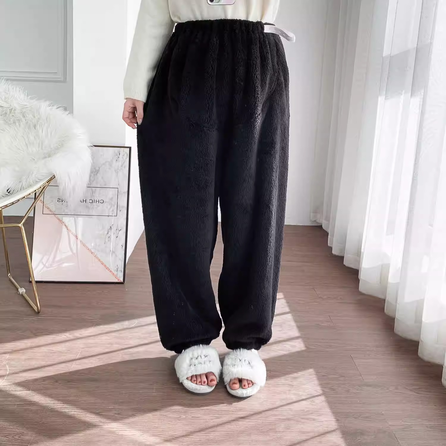 冬季法兰绒高腰托腹睡裤女加大码胖MM200斤宽松孕妇保暖家居长裤