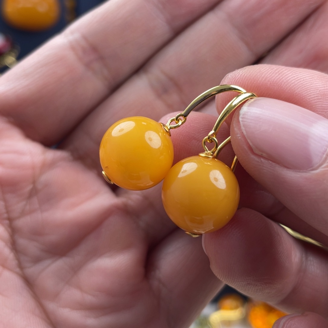 蜜蜡耳饰银S925镀金镶嵌