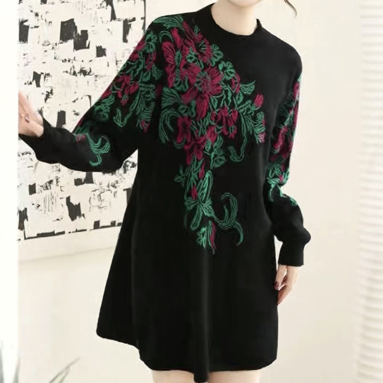 【 159】秋冬女针织衫中长款毛衣裙宽松大码显瘦圆领针织衫