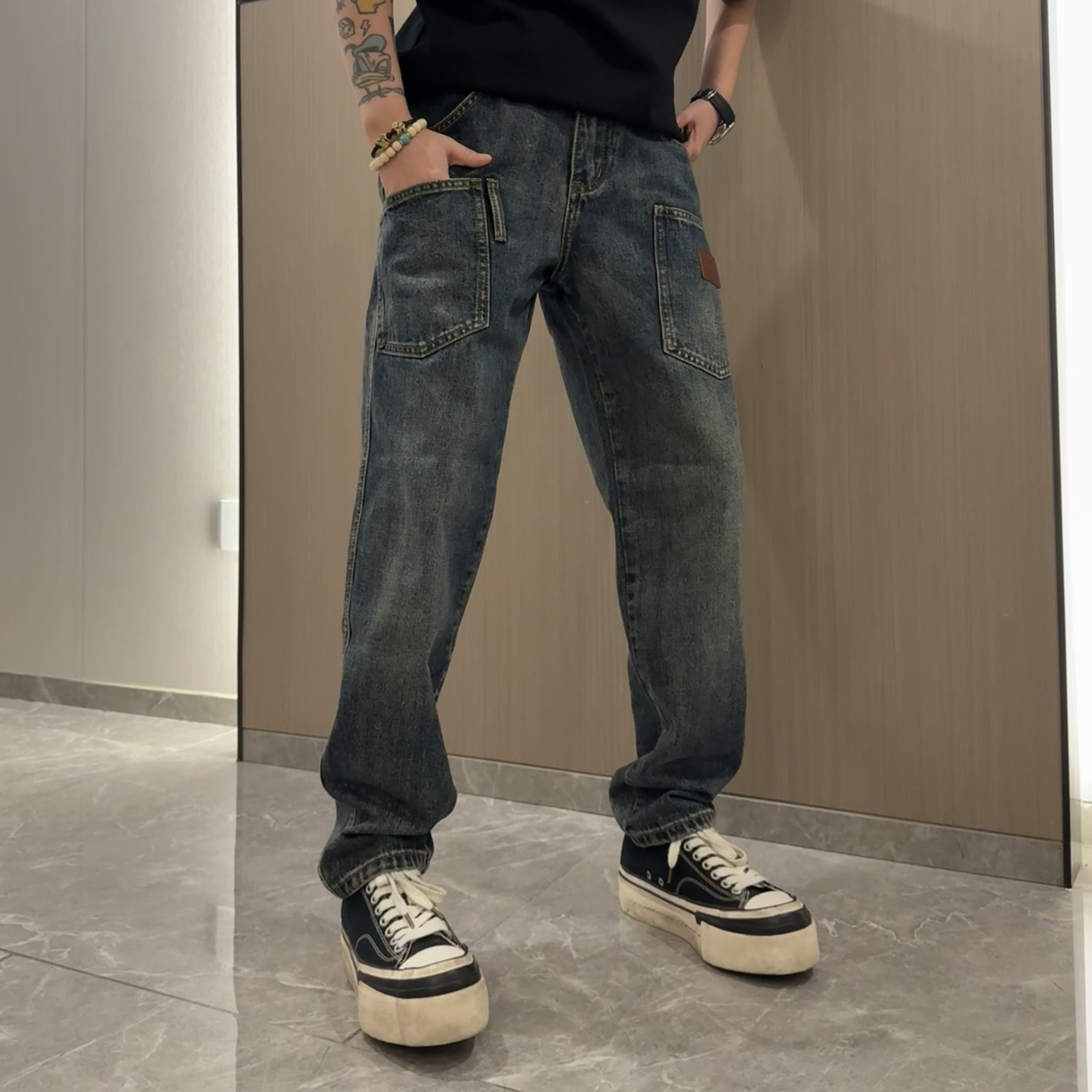 9517秋冬新款多口袋复古水洗做旧牛仔裤男美式潮牌宽松锥形小直筒