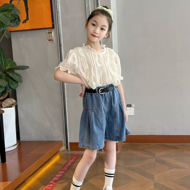 女童夏装套装2025新款儿童洋气娃娃衫上衣中大童牛仔短裙裤两件套