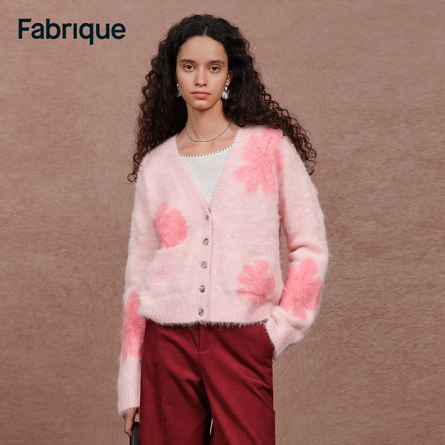 Fabrique Rose【熊黛林同款】蔷薇粉提花千金风羊驼毛V领针织开衫