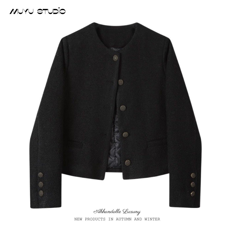 正版高级感羊毛呢黑色小香风短外套女秋冬新款名媛气质小个子夹克