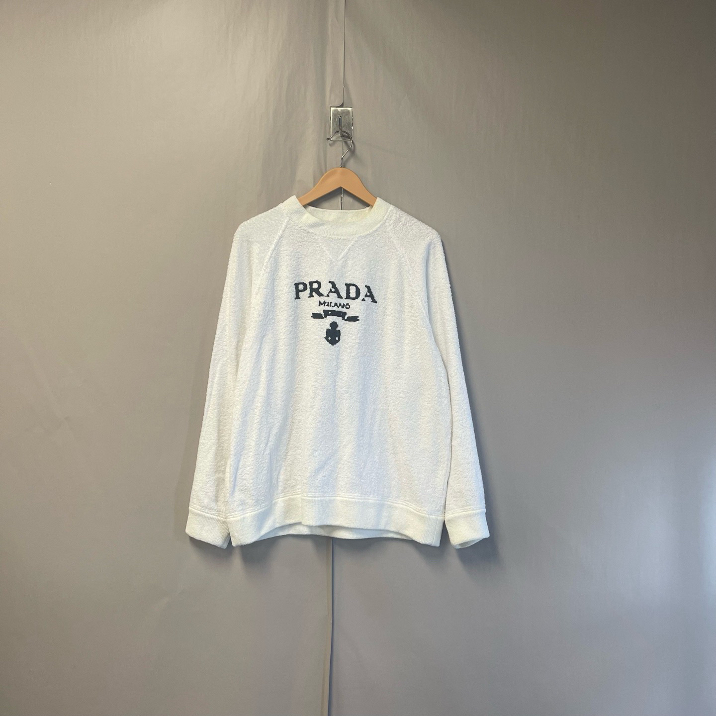 99新 Prada/普拉达 毛巾提花织物涂鸦字母logo白色卫衣 L码 #8188